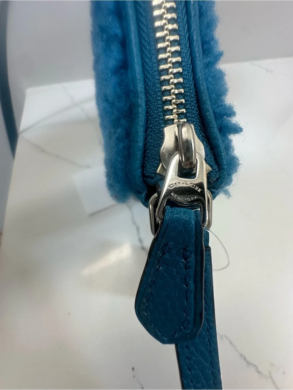 Coach 36490 Shearling w/Leather small Rhyder Pochette Peacock/Blue Crossbody NWT